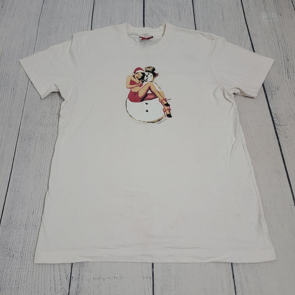 Guess Size Medium T-Shirt Mens White Pin-up Girl Snowman Graphic M44GE351